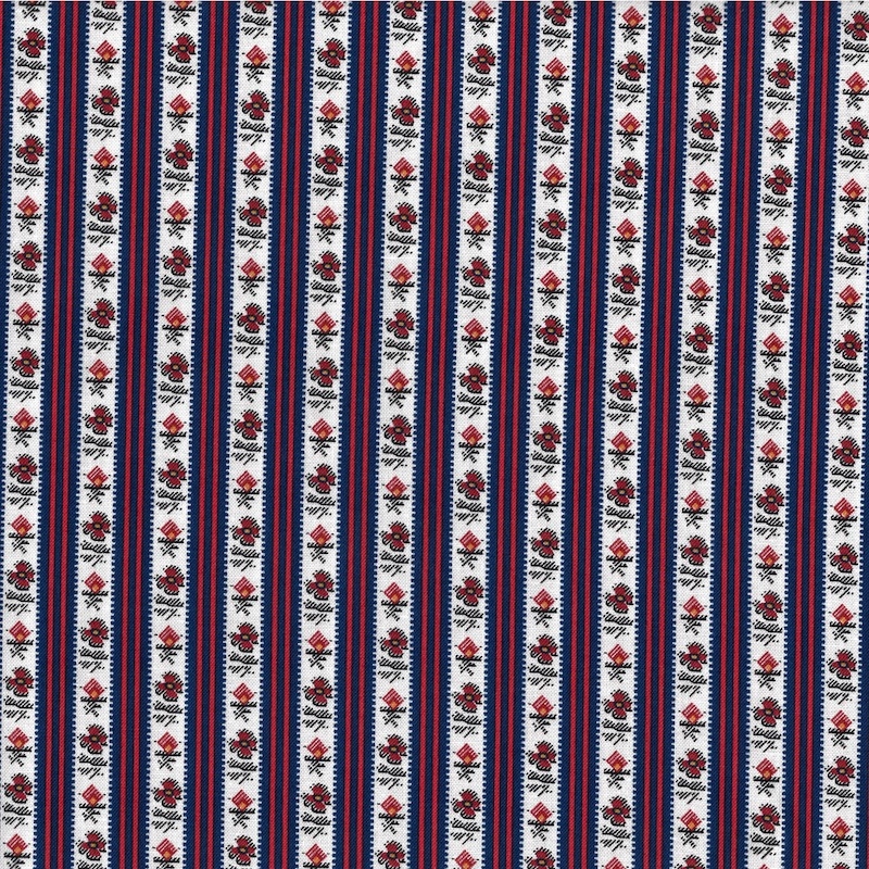 Petite Perennials Indigo Floral Stripe cotton quilt fabric