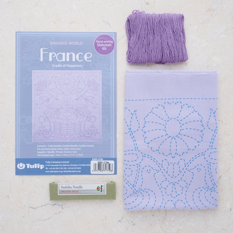 Sashiko sewing kit, France theme. Cradle of Happiness design on lilac background with lilac thread